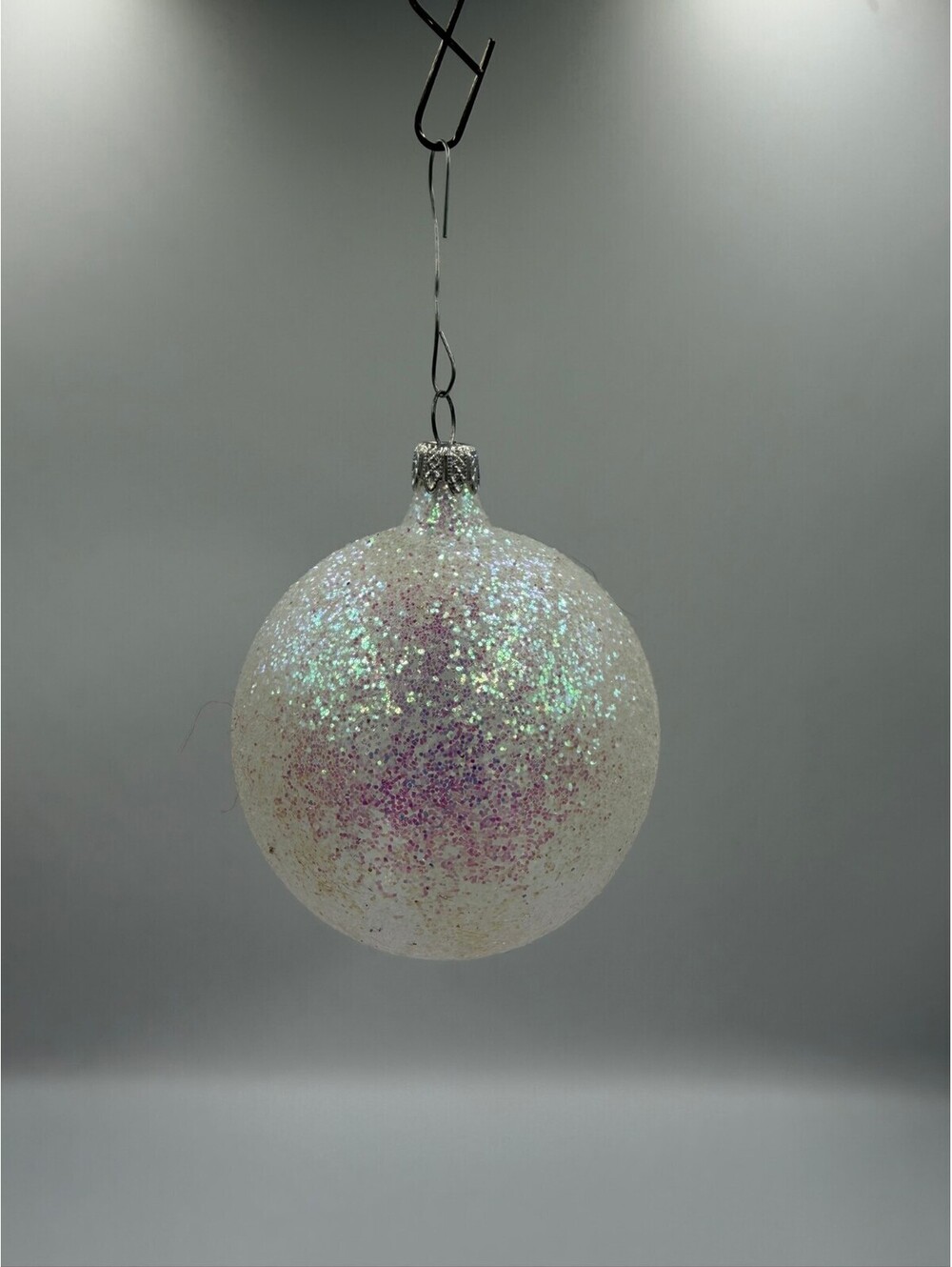 Vintage Made in Colombia Glass Christmas Ornament Pink Iridescent Glitter 3"